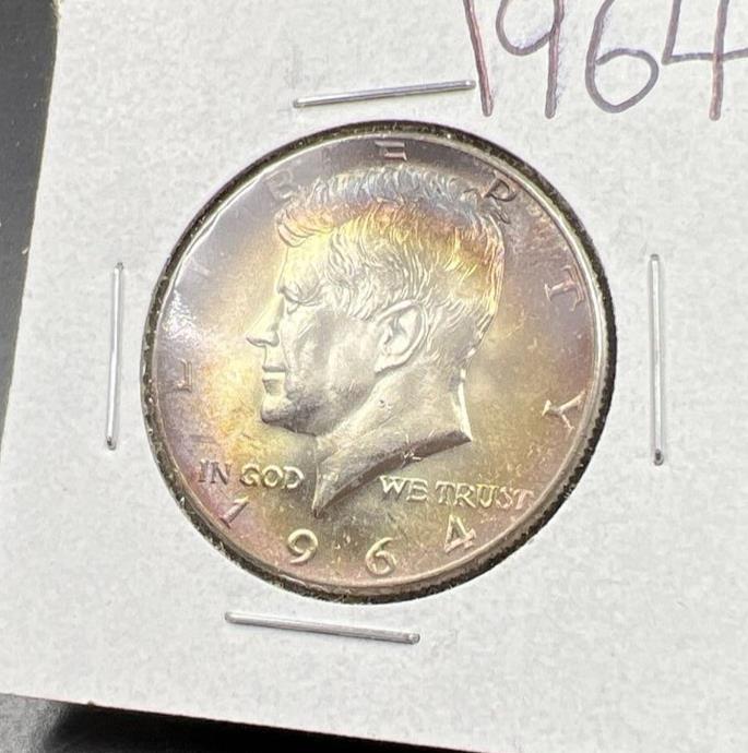 1964 P 50c Kennedy Half Dollar CH BU UNC PQ Rainbow Blue Hair PQ * Star Toning #