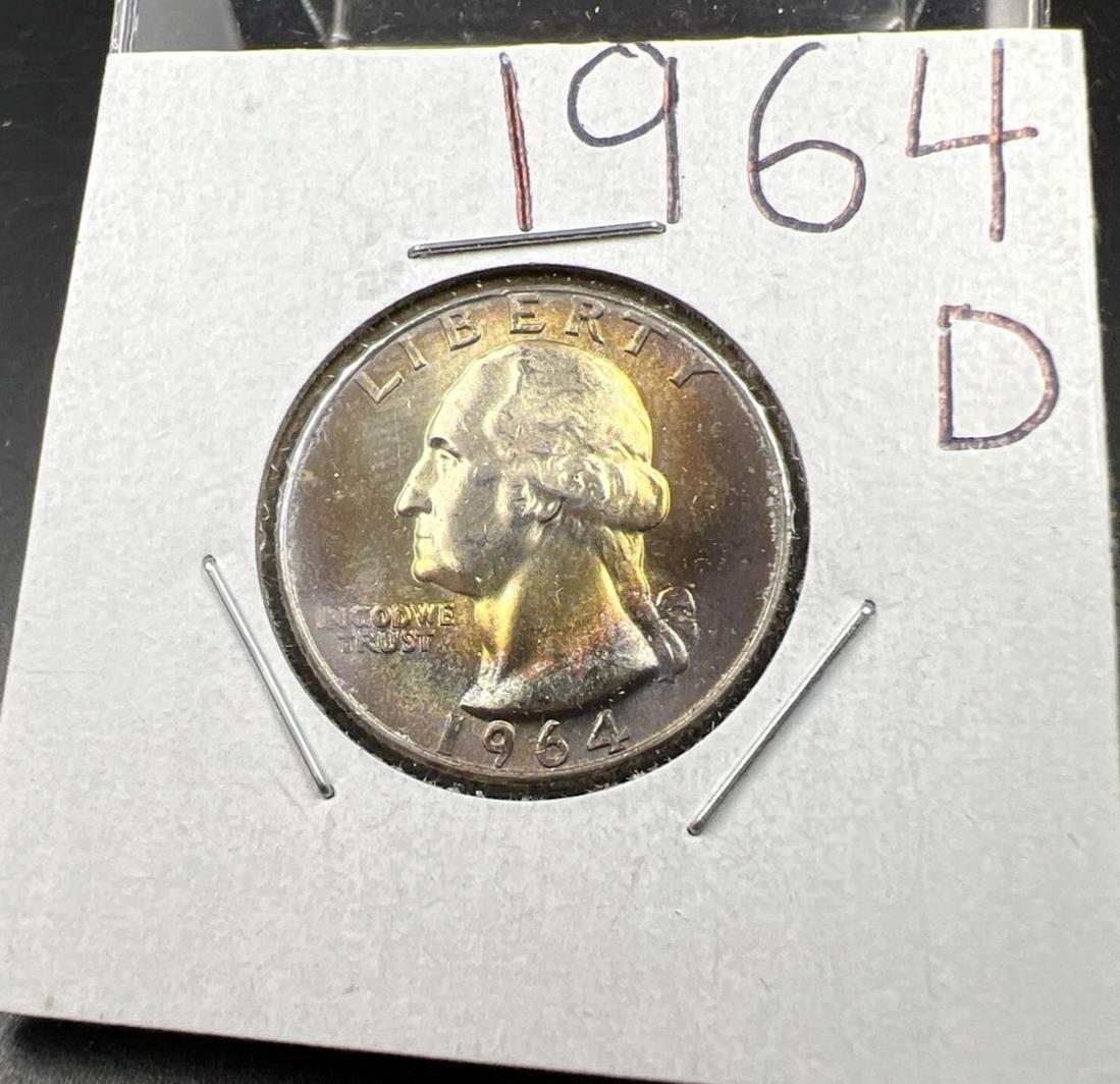 1964 D Washington 25c Silver Quarter Coin PQ * Star Nice Toning Toner Obverse