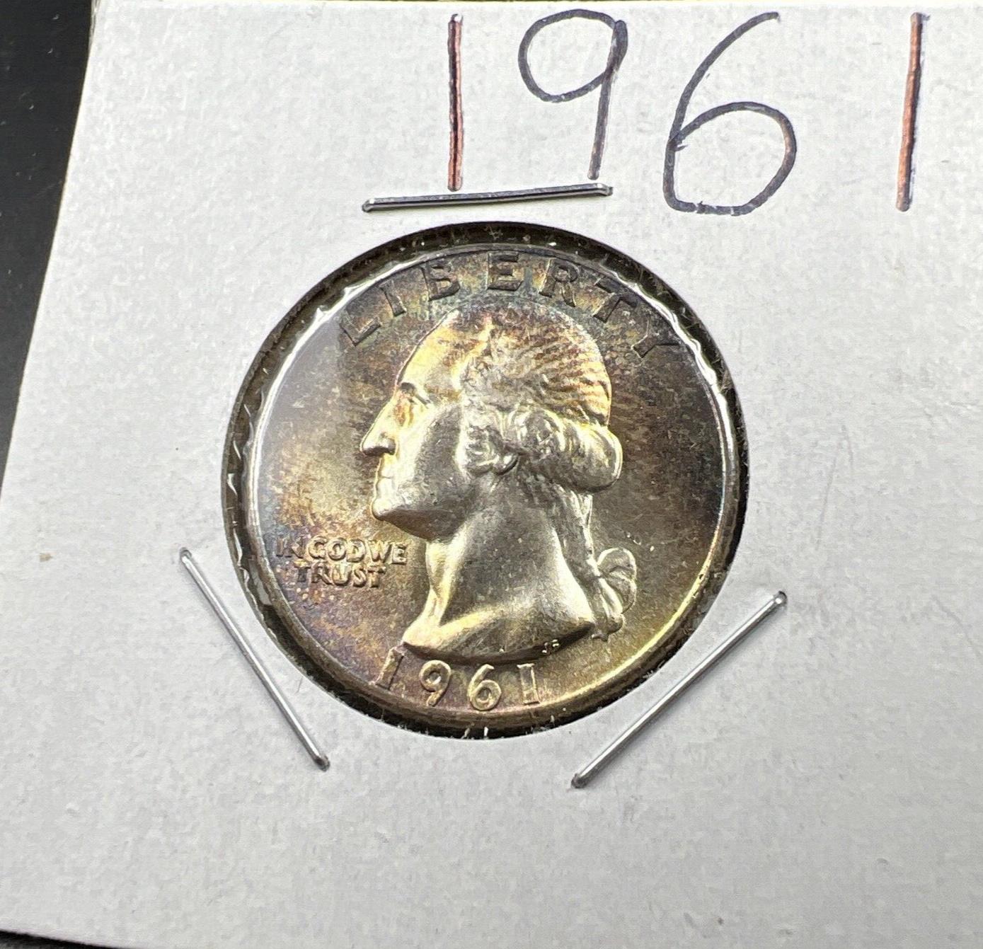 1961 P Washington 25c Silver Quarter Coin CH BU UNC PQ Rainbow Toning