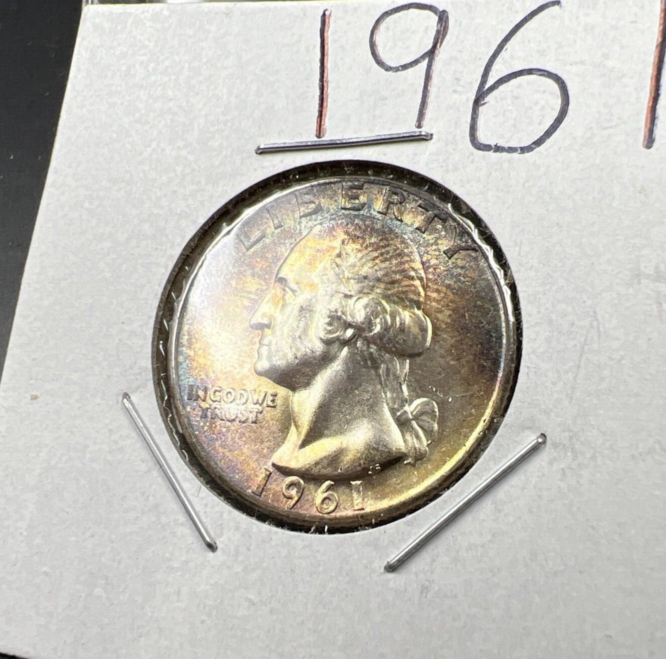 1961 P Washington 25c Silver Quarter Coin CH BU UNC PQ Rainbow Toning