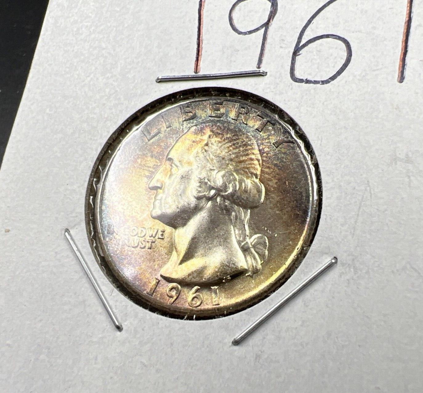 1961 P Washington 25c Silver Quarter Coin CH BU UNC PQ Rainbow Toning