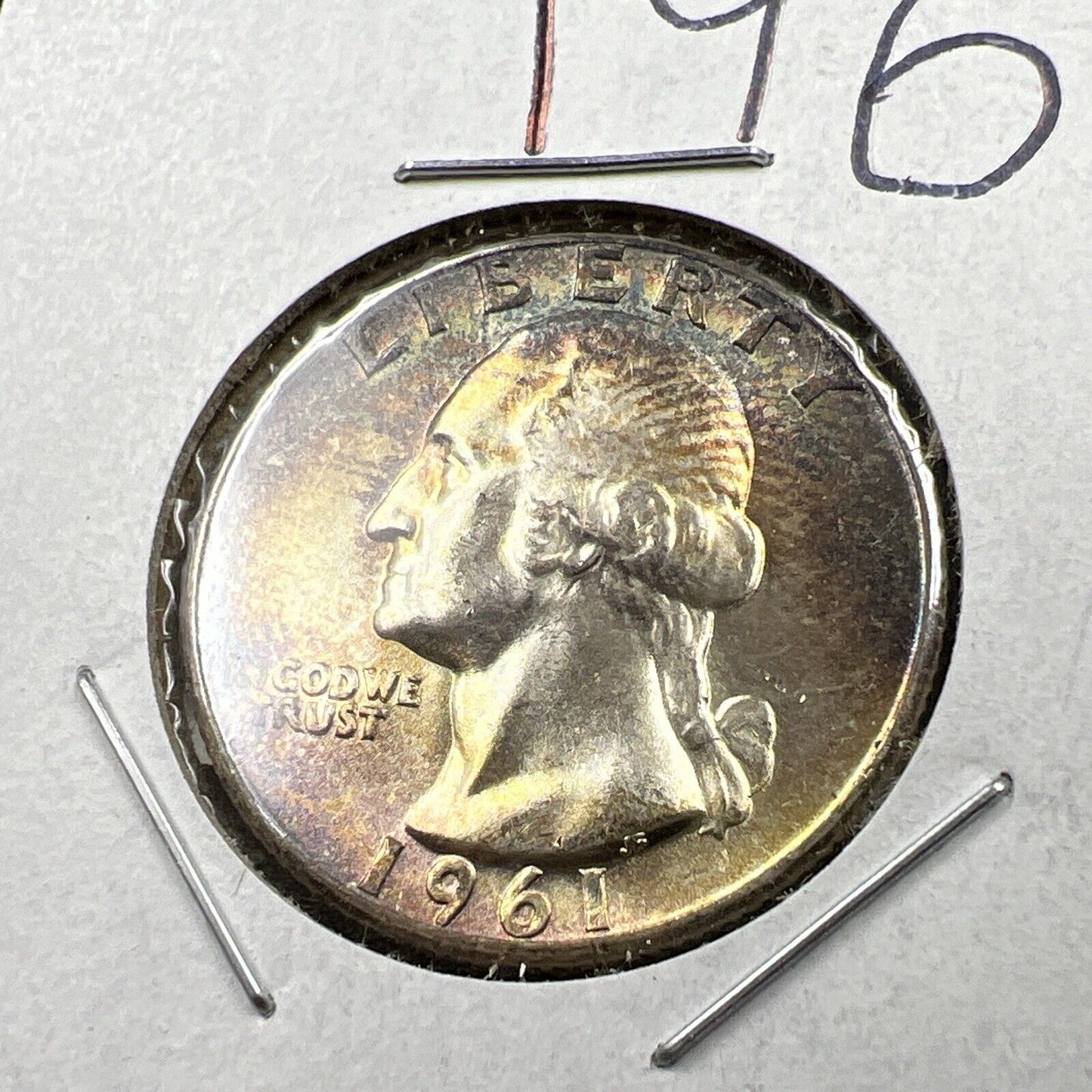 1961 P Washington 25c Silver Quarter Coin CH BU UNC PQ Rainbow Toning