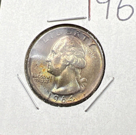 1964 P Washington 25c Silver Quarter Coin CH BU UNC PQ Rainbow Toning #XA