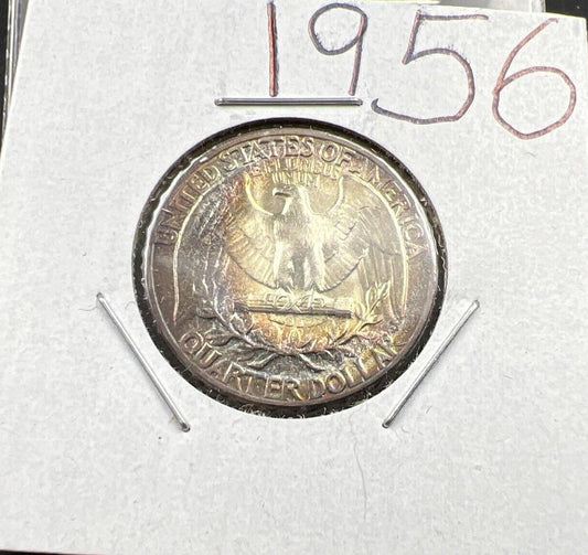 1956 P Washington 25c Silver Quarter Coin Gem BU UNC PQ Rainbow Toning Reverse