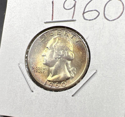 1960 P Washington 25c Silver Quarter Coin PQ Rainbow Toning Obverse