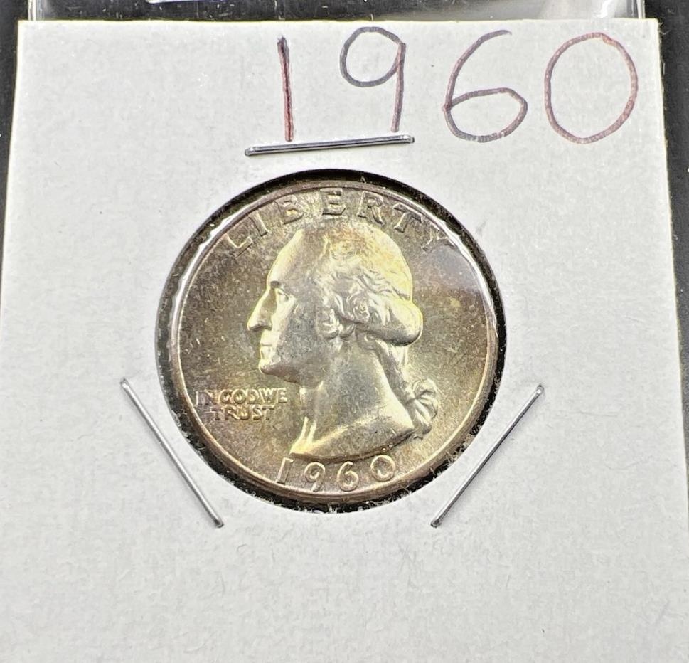 1960 P Washington 25c Silver Quarter Coin PQ Rainbow Toning Obverse