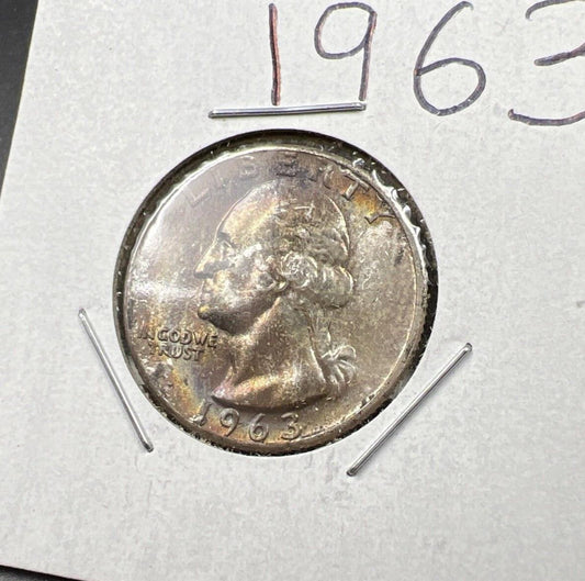 1963 P Washington 25c Silver Quarter Coin CH BU UNC Rainbow Toning #A