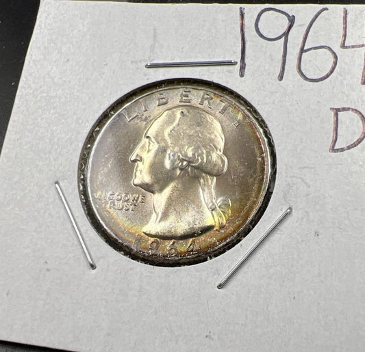 1964 D Washington 25c Silver Quarter Coin Very Nice Toning Gem BU #D