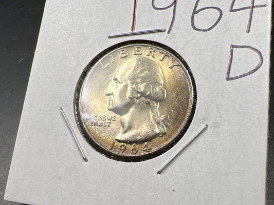 1964 D Washington 25c Silver Quarter Coin Neat Toning Gem BU UNC #B