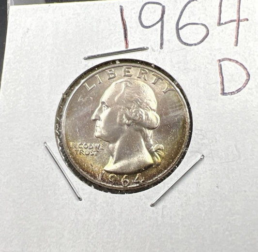 1964 D Washington 25c Silver Quarter Coin Neat Toning Gem BU UNC #C