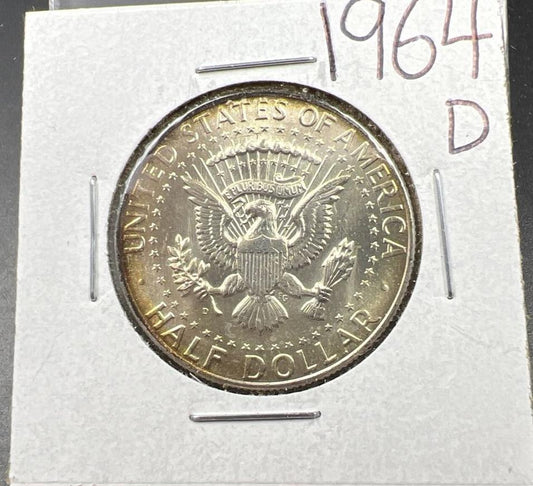 1964 D 50c Kennedy Half Dollar CH BU UNC PQ Nice Rainbow Toning SKU#ORNG