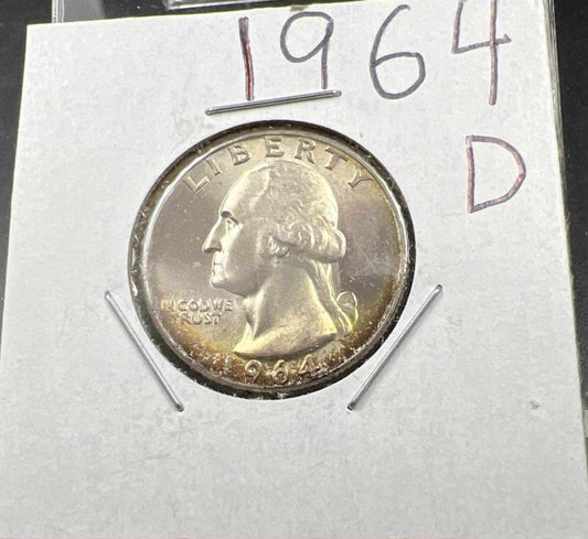 1964 D Washington 25c Silver Quarter Coin Neat Toning Gem BU UNC