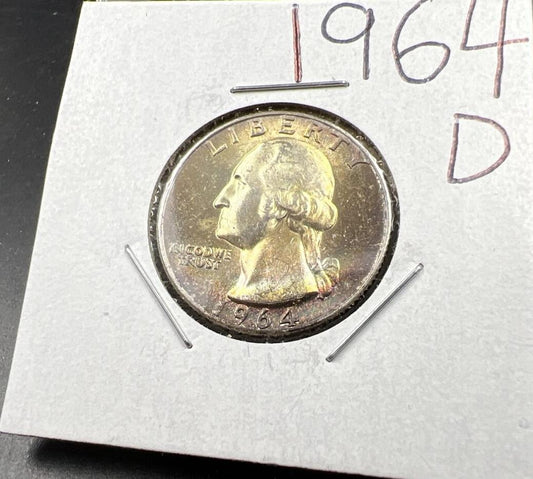 1964 D Washington 25c Silver Quarter Coin Very Nice Toning Gem BU #E