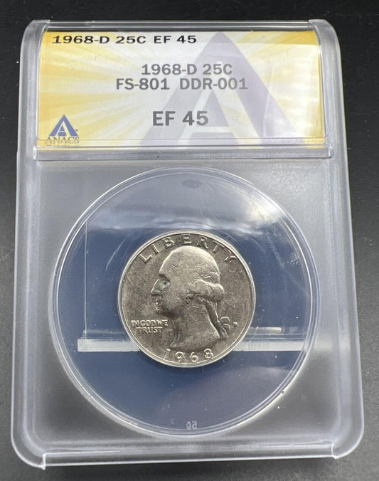 1968 D 25c Washington Quarter Variety Coin FS-801 DDR Double Die REV ANACS EF45