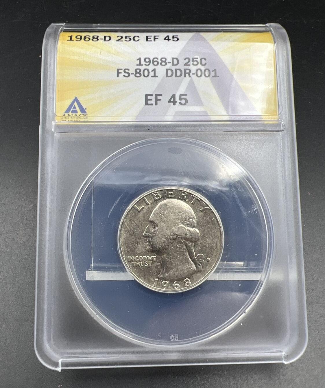 1968 D 25c Washington Quarter Variety Coin FS-801 DDR Double Die REV ANACS EF45