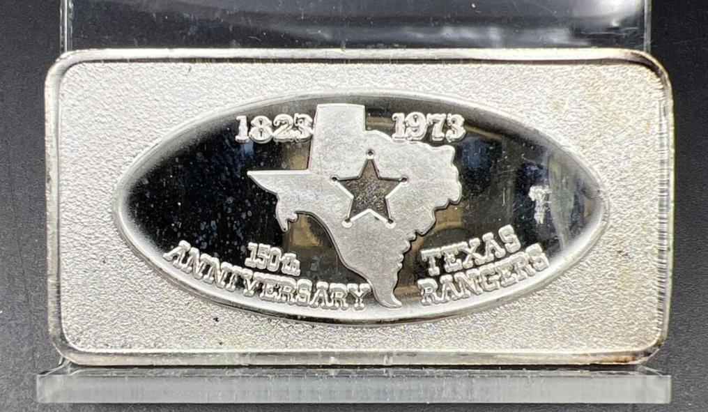 1973 Texas Rangers 150th Ann. 1 Oz Silver .999 Bar w/ Die Crack Error CH UNC