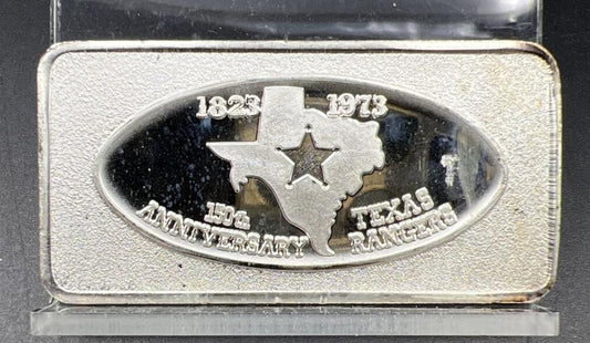1973 Texas Rangers 150th Ann. 1 Oz Silver .999 Bar w/ Die Crack Error CH UNC
