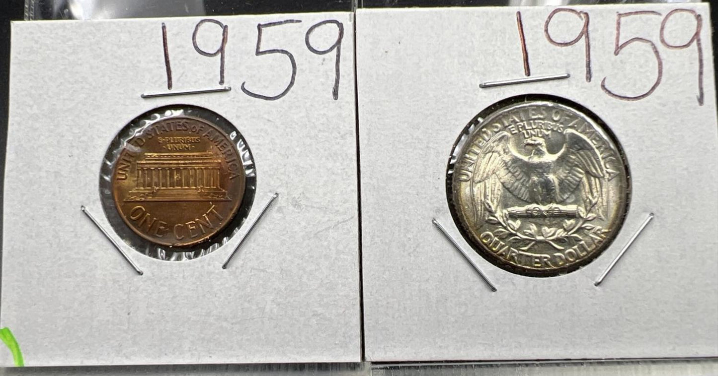 Two Coin Set 1959 1c BU UNC RB / Brown & 1959 25c Uncirculated