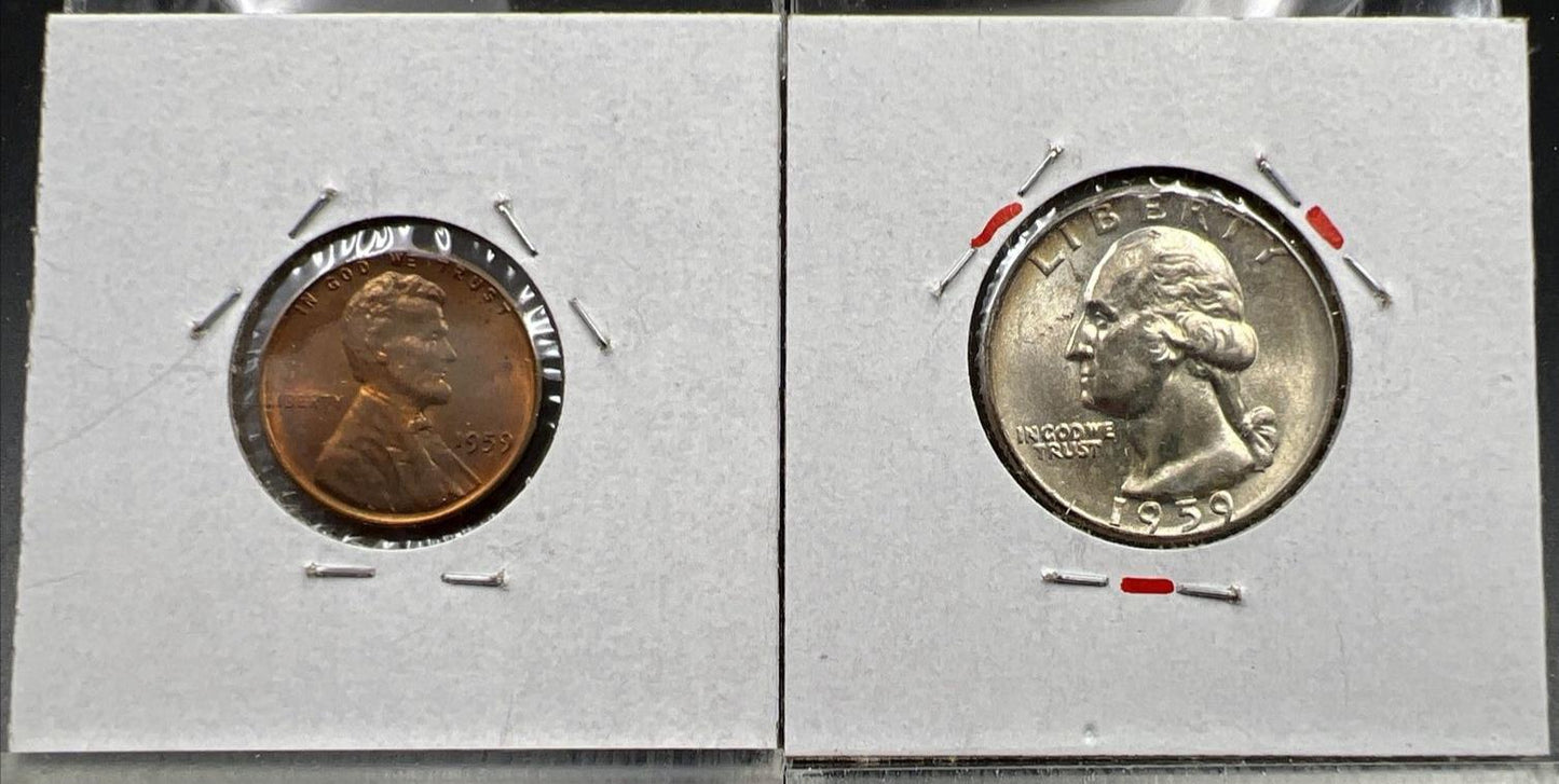 Two Coin Set 1959 1c BU UNC RB / Brown & 1959 25c Uncirculated