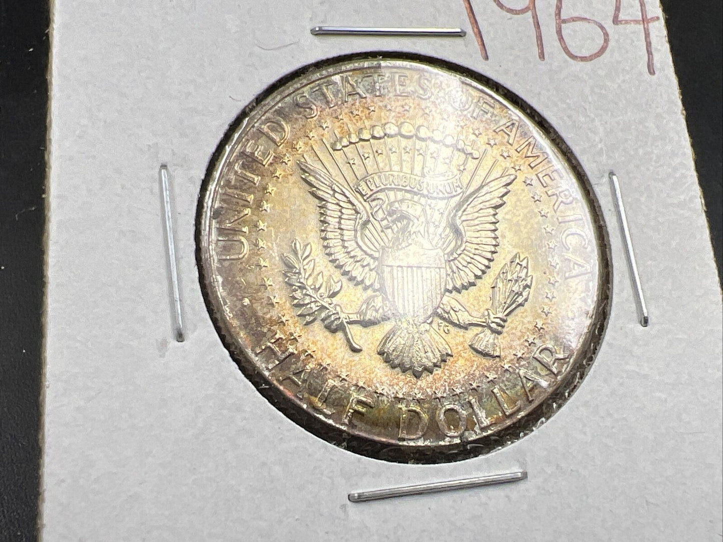 1964 P 50c Kennedy Silver Half Dollar CH BU UNC Rainbow Toning Reverse SKU#BRN