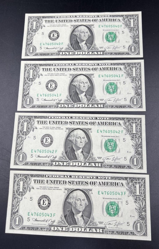 Lot of 4 Consecutive 1974 $1 FRN Federal Reserve Notes CH UNC #043