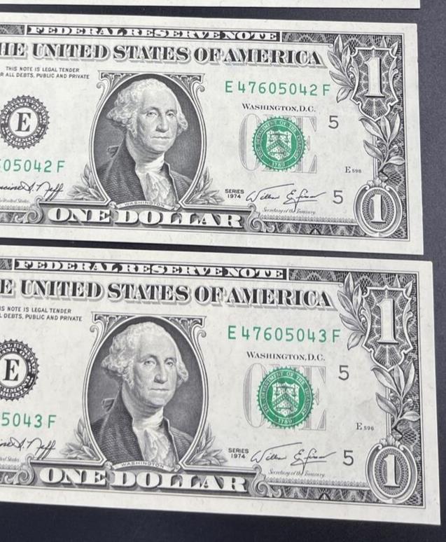 Lot of 4 Consecutive 1974 $1 FRN Federal Reserve Notes CH UNC #043