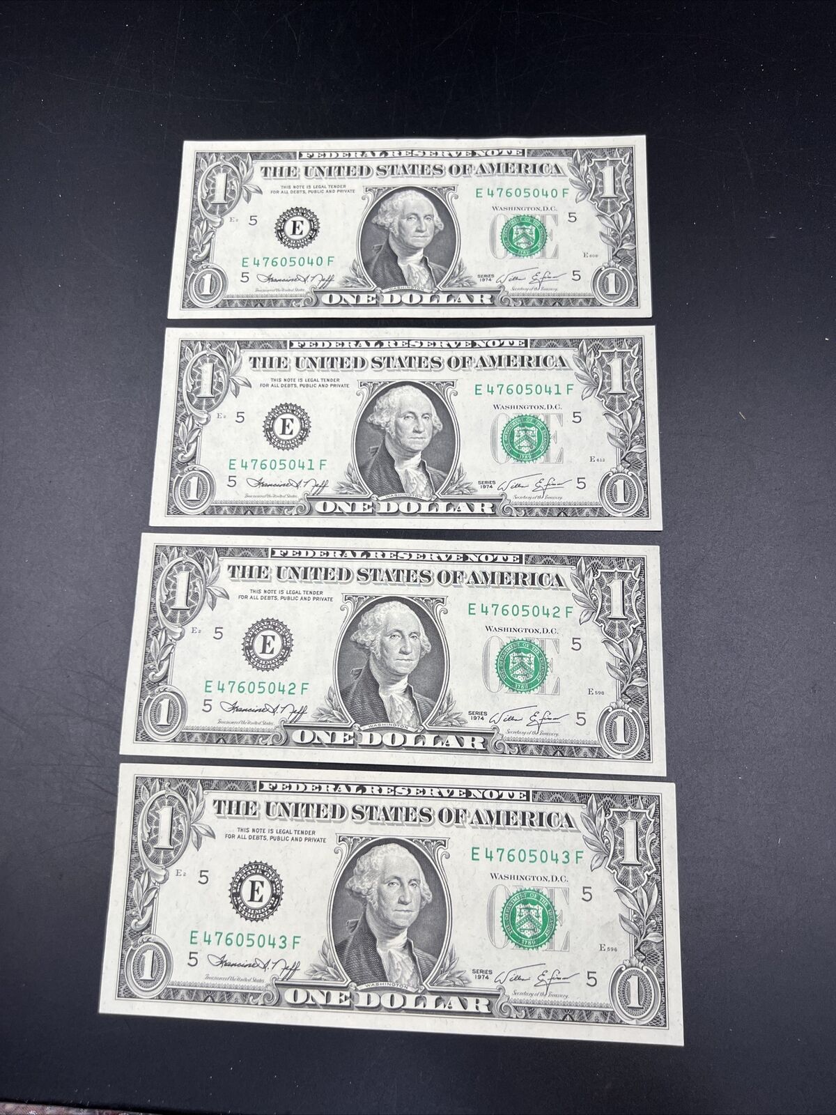 Lot of 4 Consecutive 1974 $1 FRN Federal Reserve Notes CH UNC #043