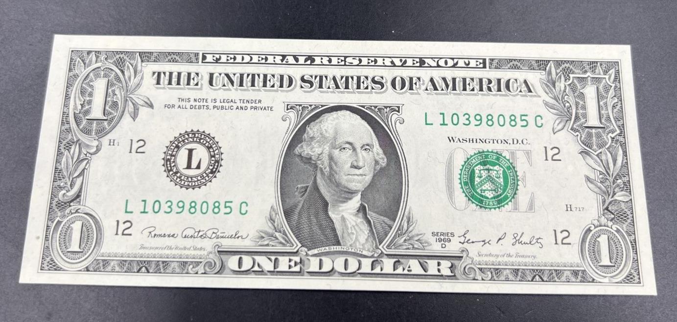 1969 D $1 One Dollar FRN Federal Reserve Note Choice Unc Bill #8085