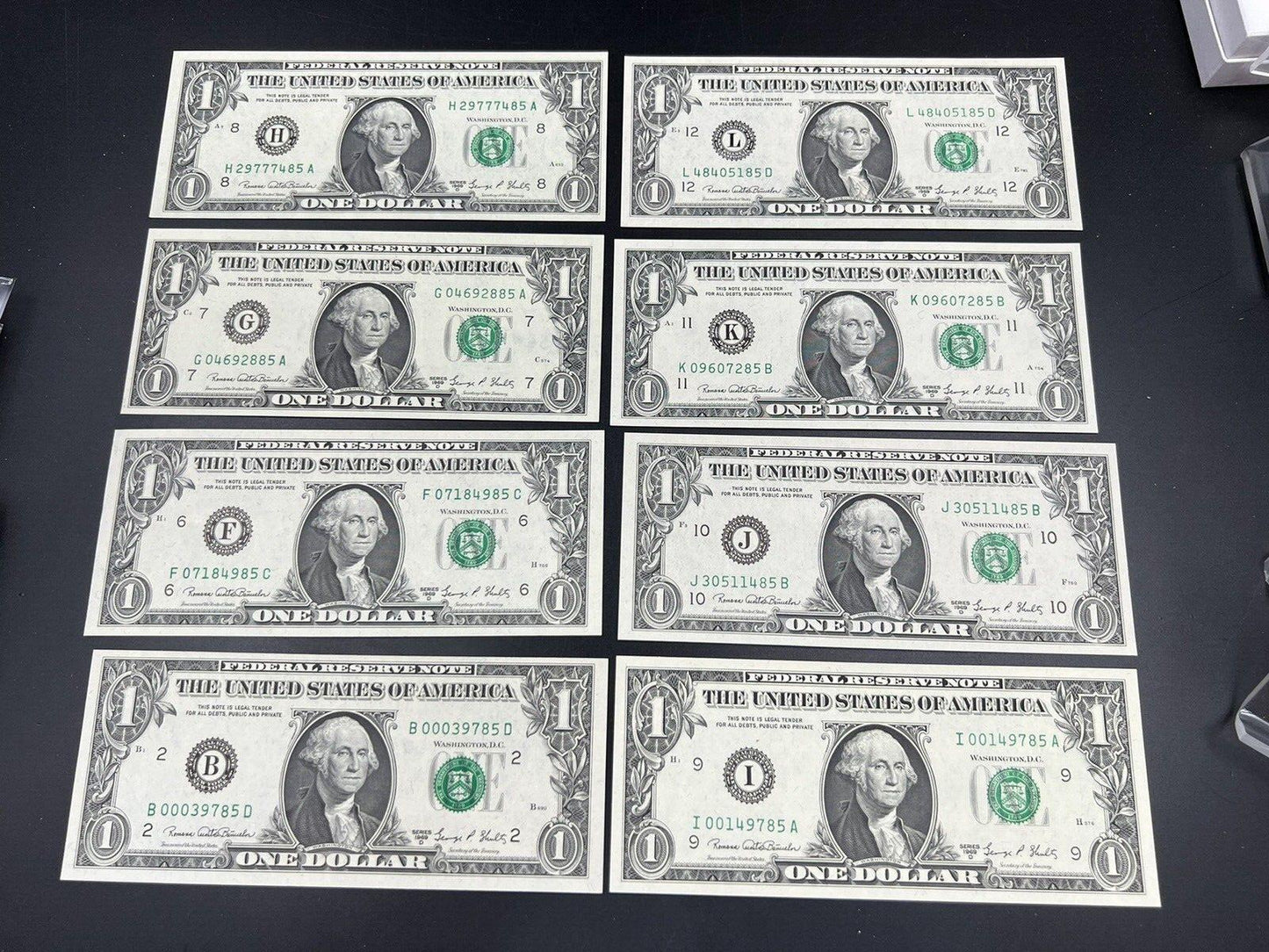 8 Note Partial District Set 1969 D $1 FRN Federal Reserve Notes 8 CH UNC Bills