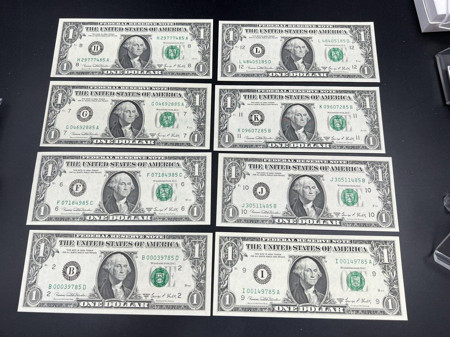 8 Note Partial District Set 1969 D $1 FRN Federal Reserve Notes 8 CH UNC Bills