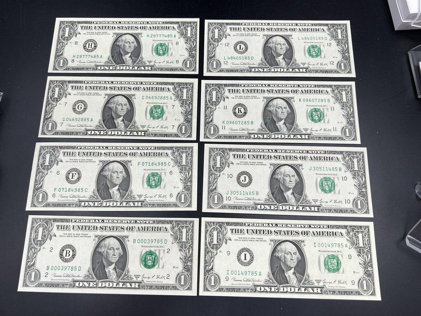 8 Note Partial District Set 1969 D $1 FRN Federal Reserve Notes 8 CH UNC Bills