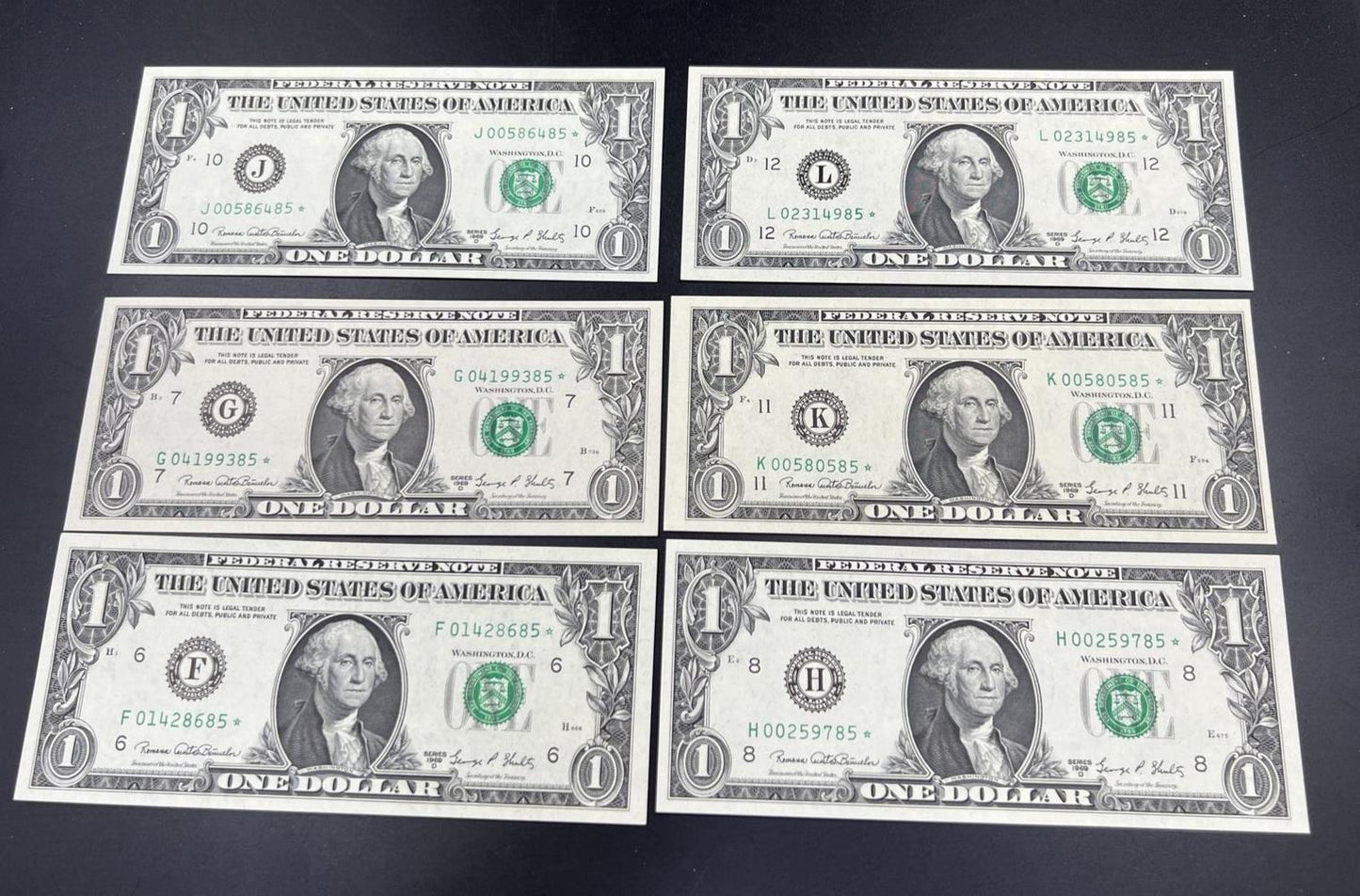 6 Note Partial District Set of 1969 D $1 Star * FRN Federal Reserve Notes CH UNC