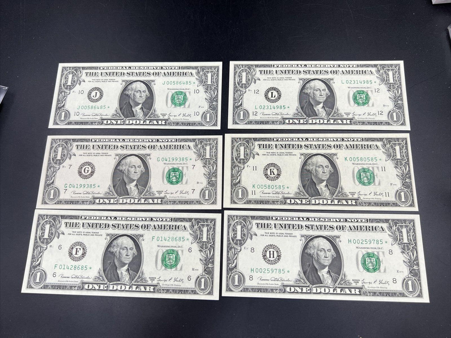 6 Note Partial District Set of 1969 D $1 Star * FRN Federal Reserve Notes CH UNC