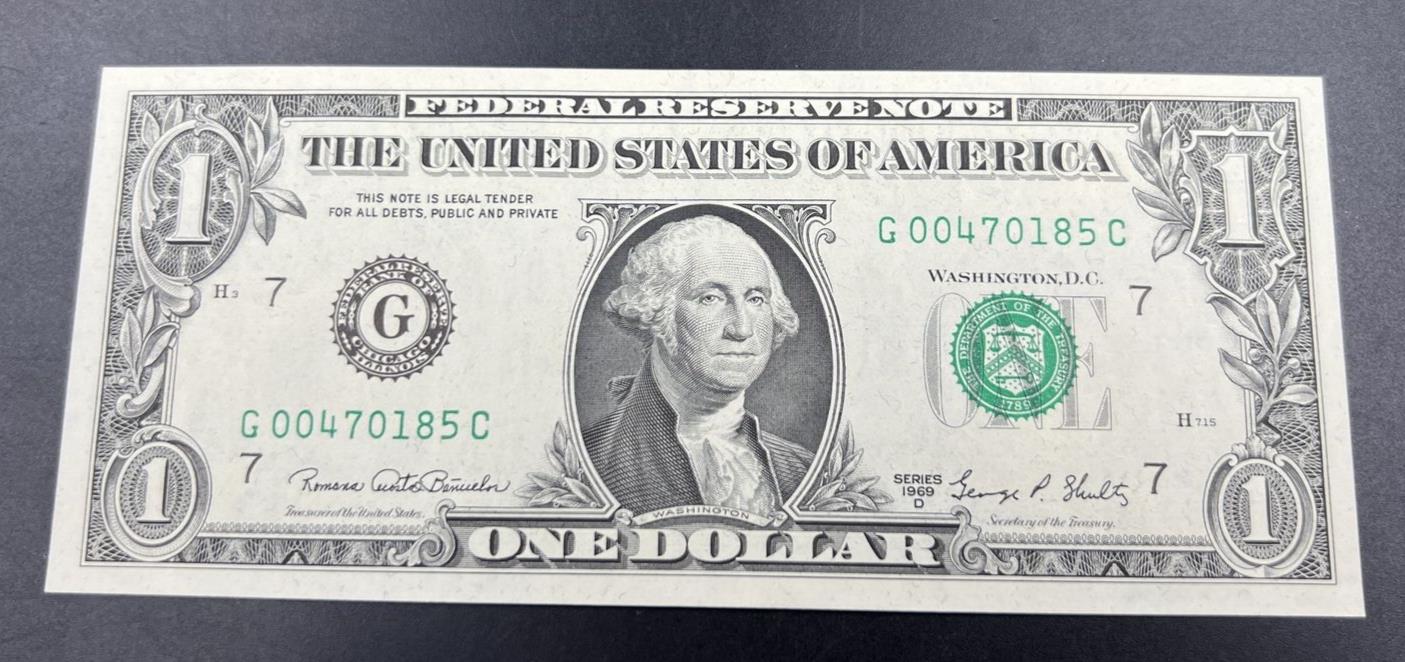 1969 D $1 One Dollar FRN Federal Reserve Note Choice Unc Bill #185