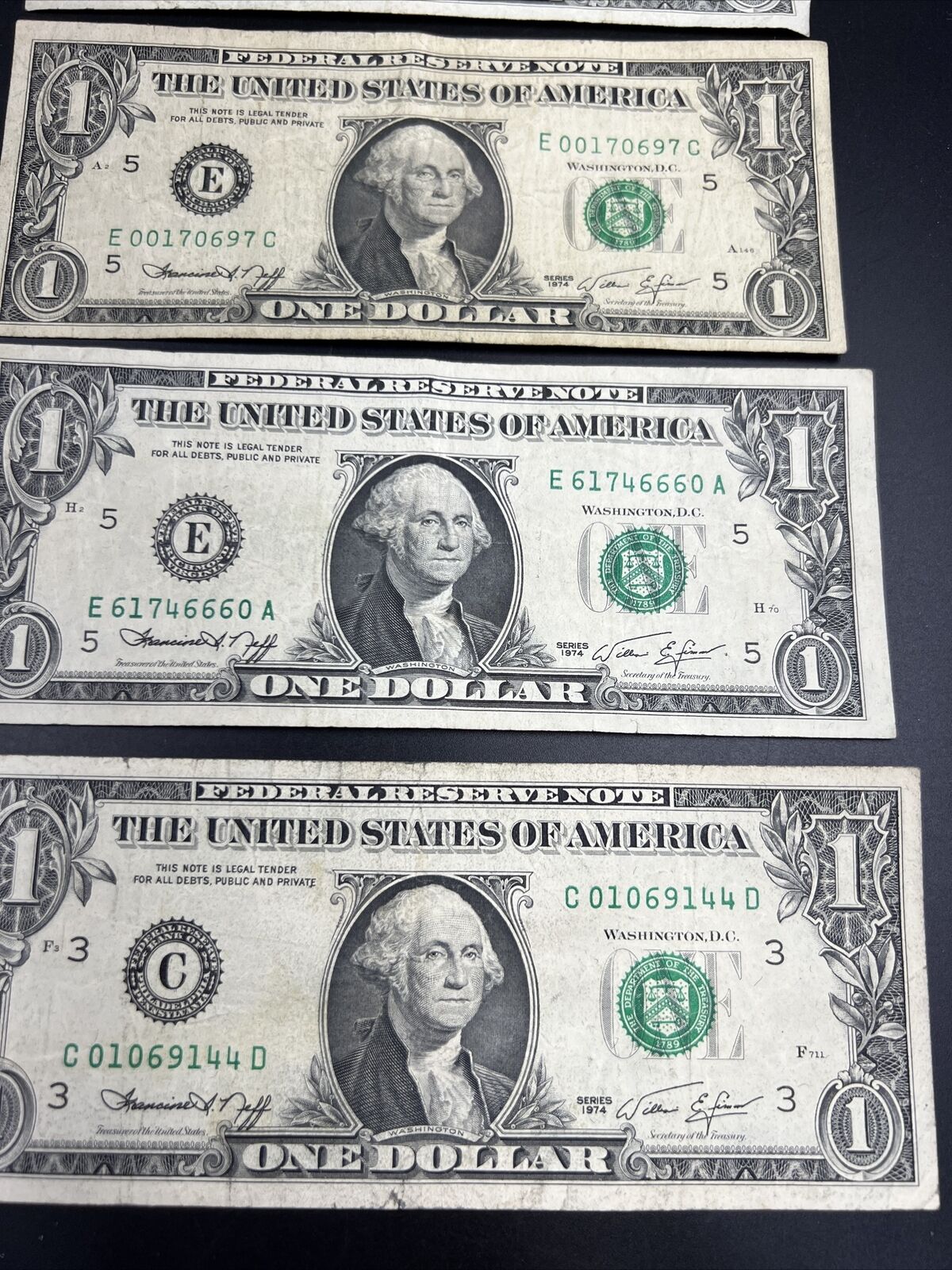 Lot of 5 FRN Federal Reserve Notes Years 1974 1969 1983 Circulated $1 Bills