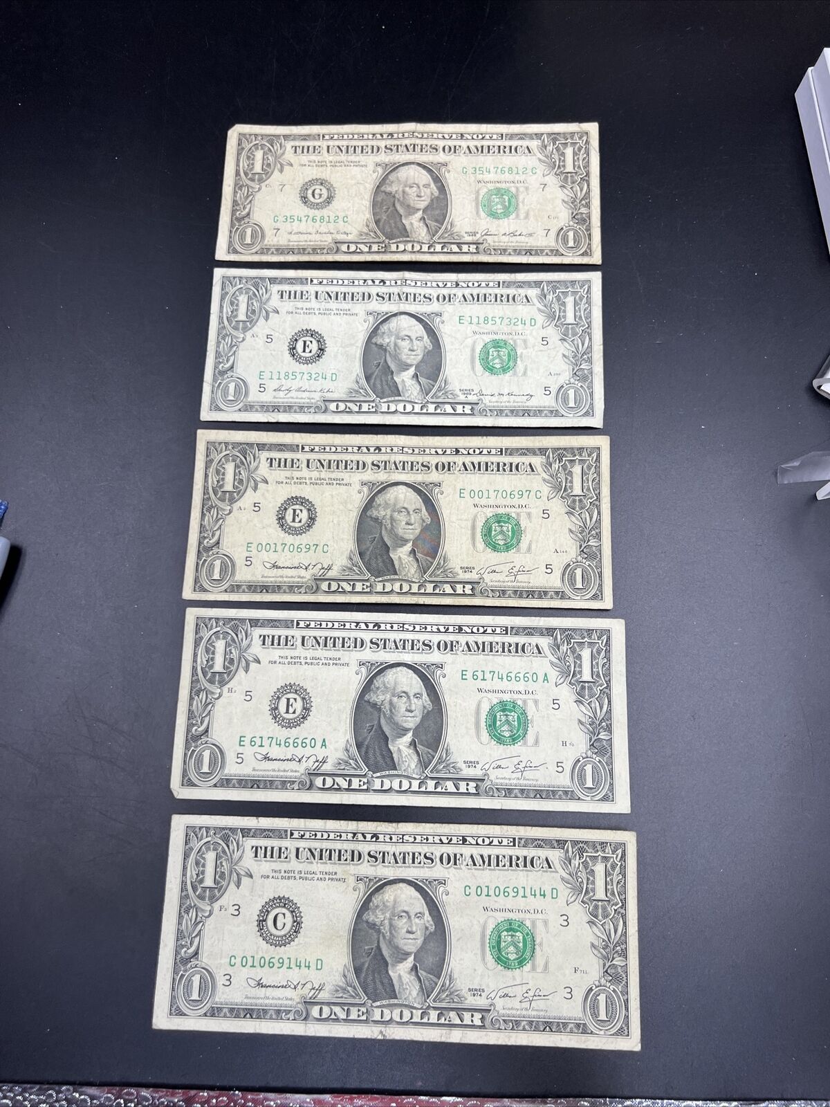 Lot of 5 FRN Federal Reserve Notes Years 1974 1969 1983 Circulated $1 Bills