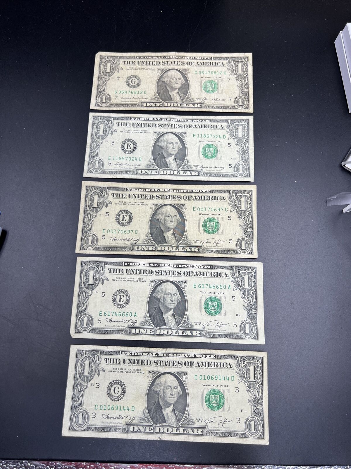 Lot of 5 FRN Federal Reserve Notes Years 1974 1969 1983 Circulated $1 Bills