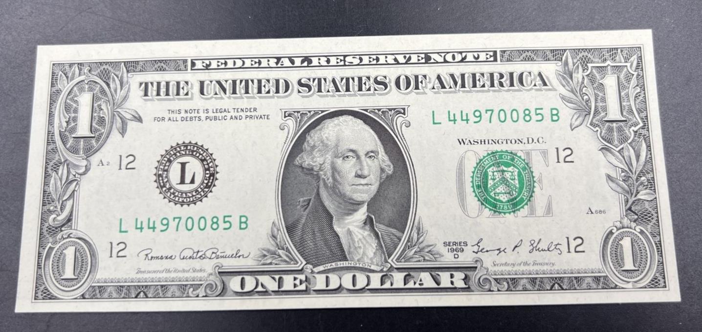 1969 D $1 One Dollar FRN Federal Reserve Note Choice Unc Bill #0085 Repeater