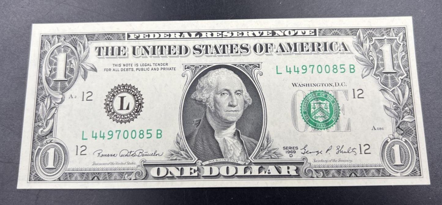 1969 D $1 One Dollar FRN Federal Reserve Note Choice Unc Bill #0085 Repeater