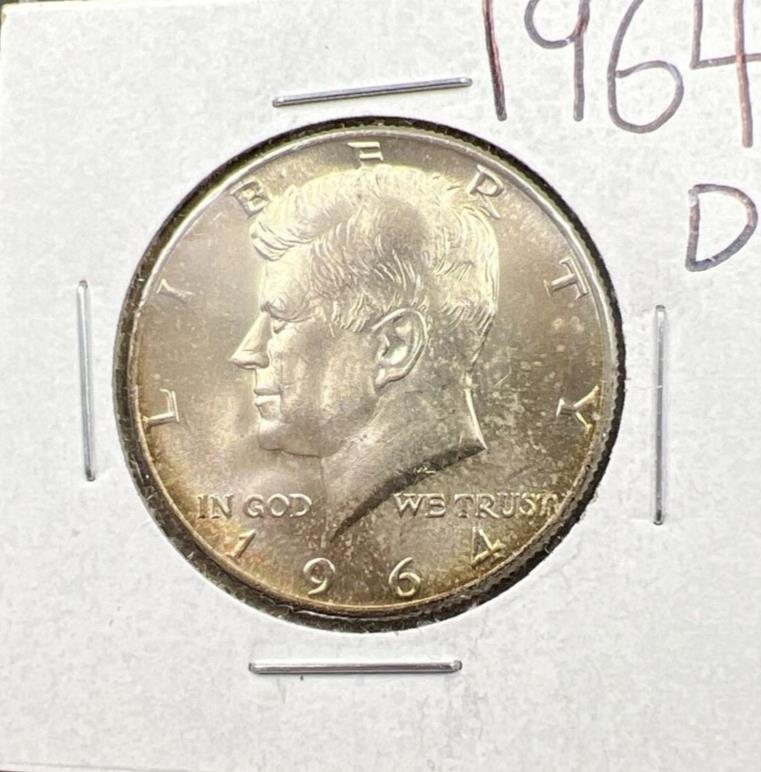 1964 D 50c Kennedy Silver Half Dollar CH BU UNC NEAT Toning Denver Mint #OGBN