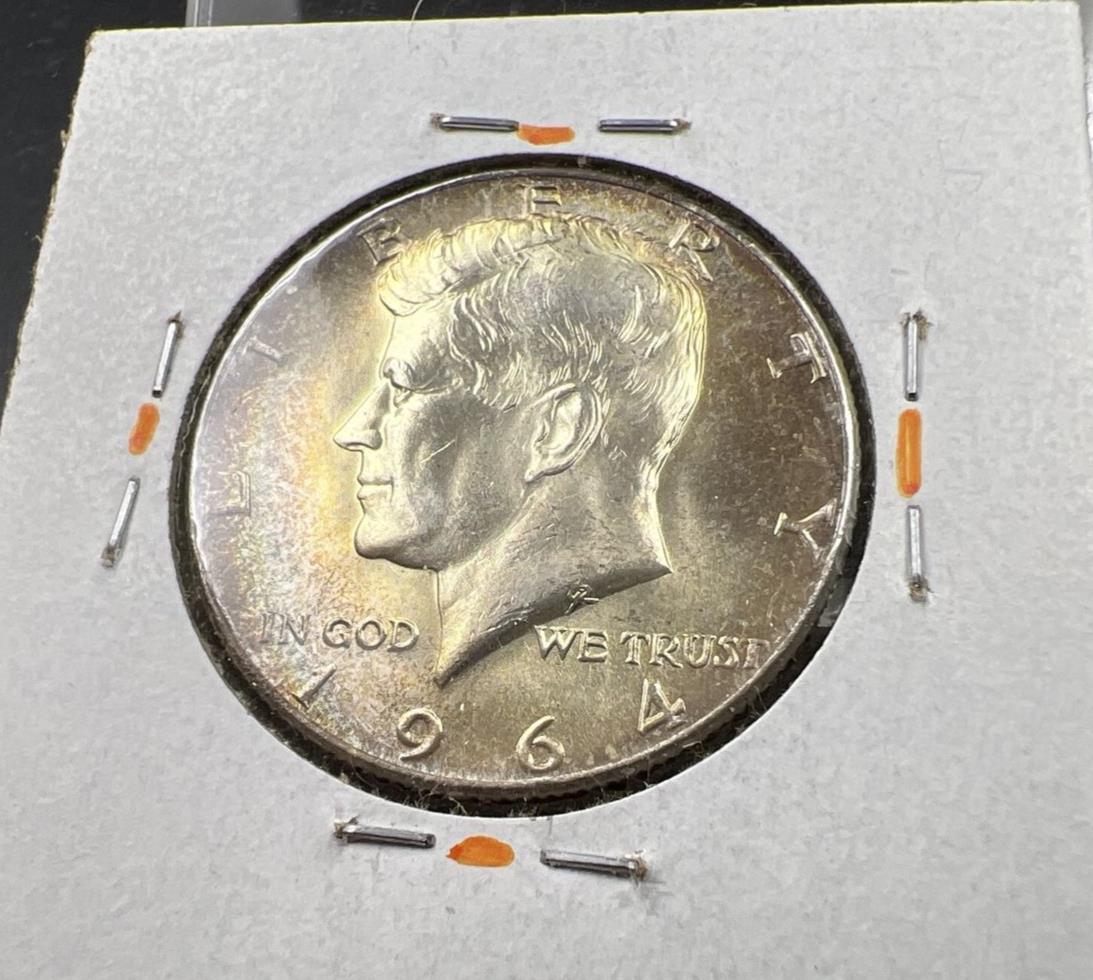 1964 P 50c Kennedy Half Dollar CH BU UNC PQ Nice Rainbow Toning SKU#ORNG