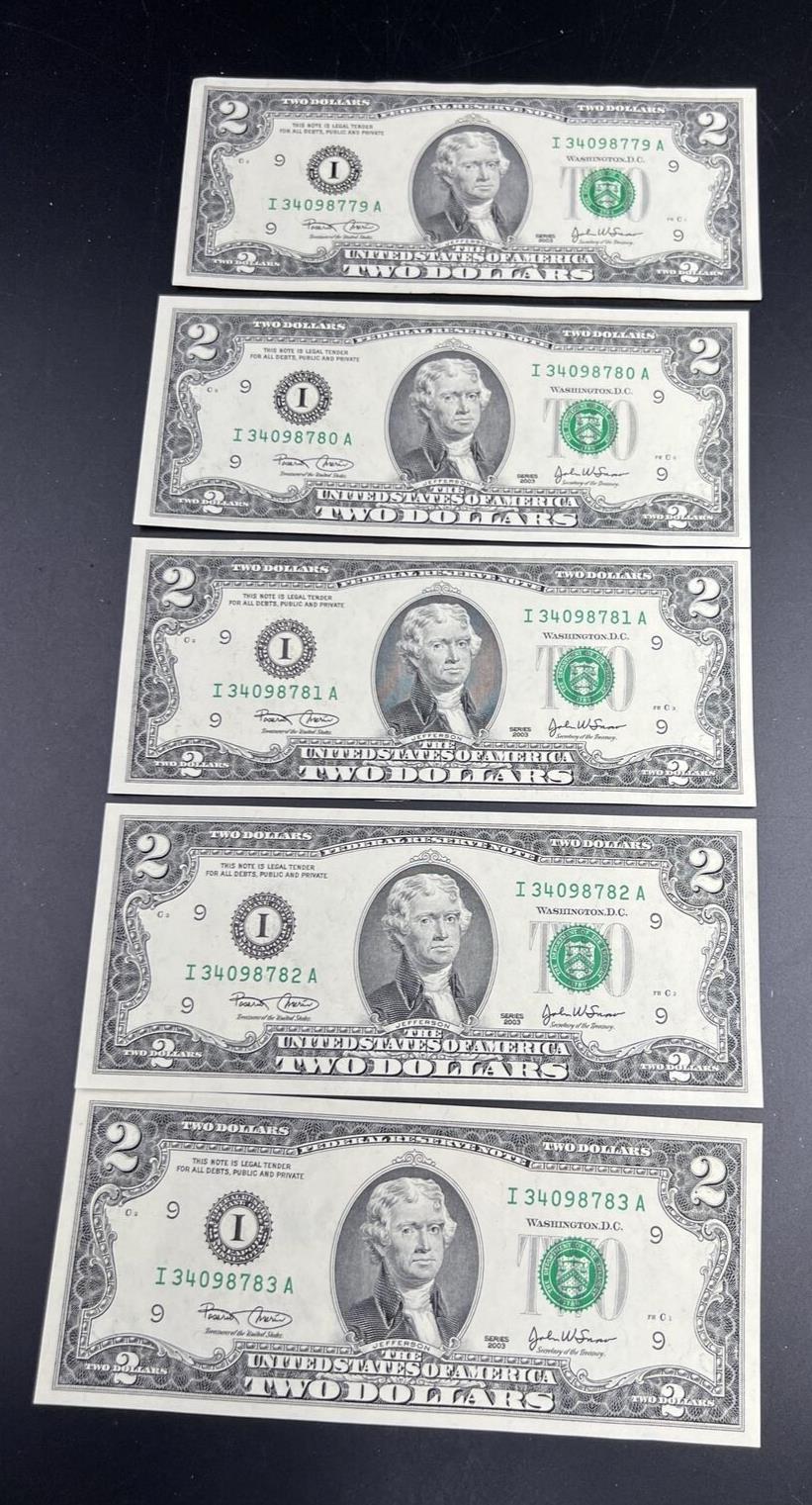 Lot of 5 2003 $2 Two Dollar Bill CH UNC FRN Notes #783