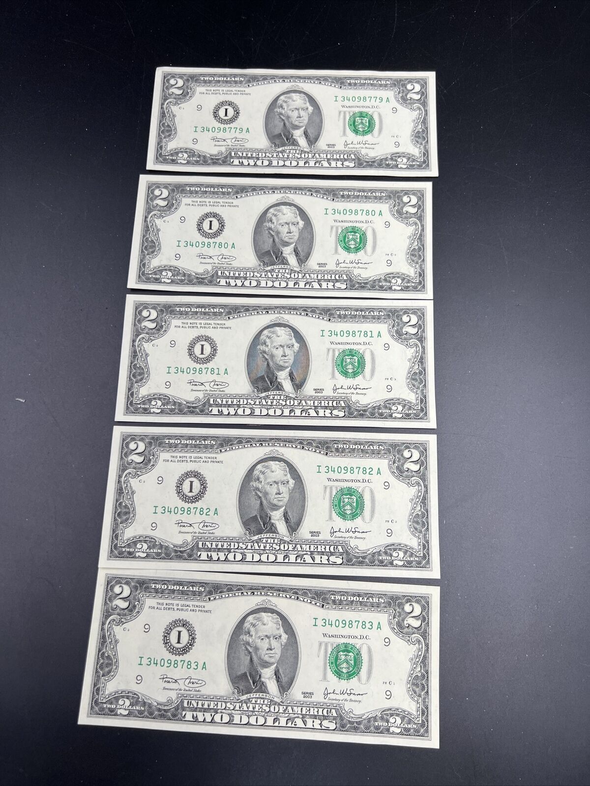 Lot of 5 2003 $2 Two Dollar Bill CH UNC FRN Notes #783