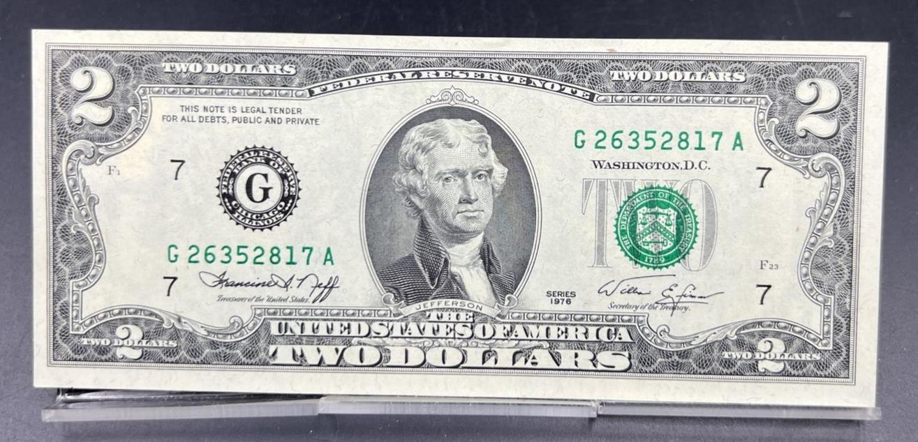 1976 $2 FRN Federal Reserve Note Postal Bicentennial Bill UNC Washington IL