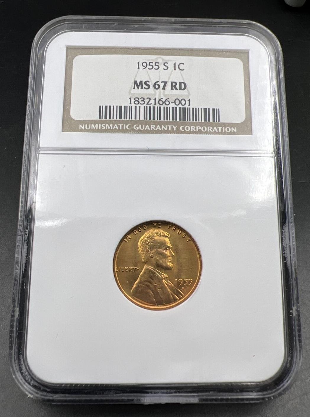 1955 S Lincoln Wheat Cent Penny Coin NGC MS67 RD RED #002