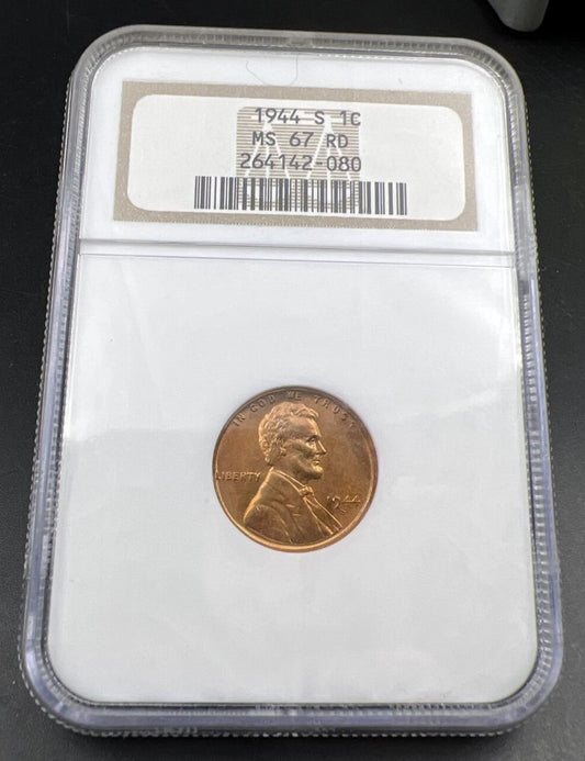 1944 S Lincoln Wheat Cent Penny Coin NGC MS67 RD #080 WW2 Era