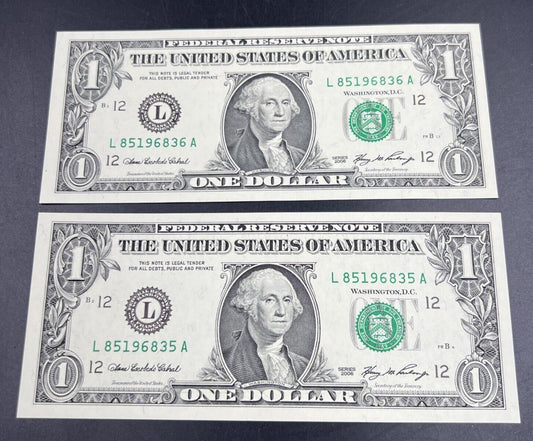 Lot of 2 Consecutive 2006 $1 FRN One Dollar Federal Reserve Note Choice UNC