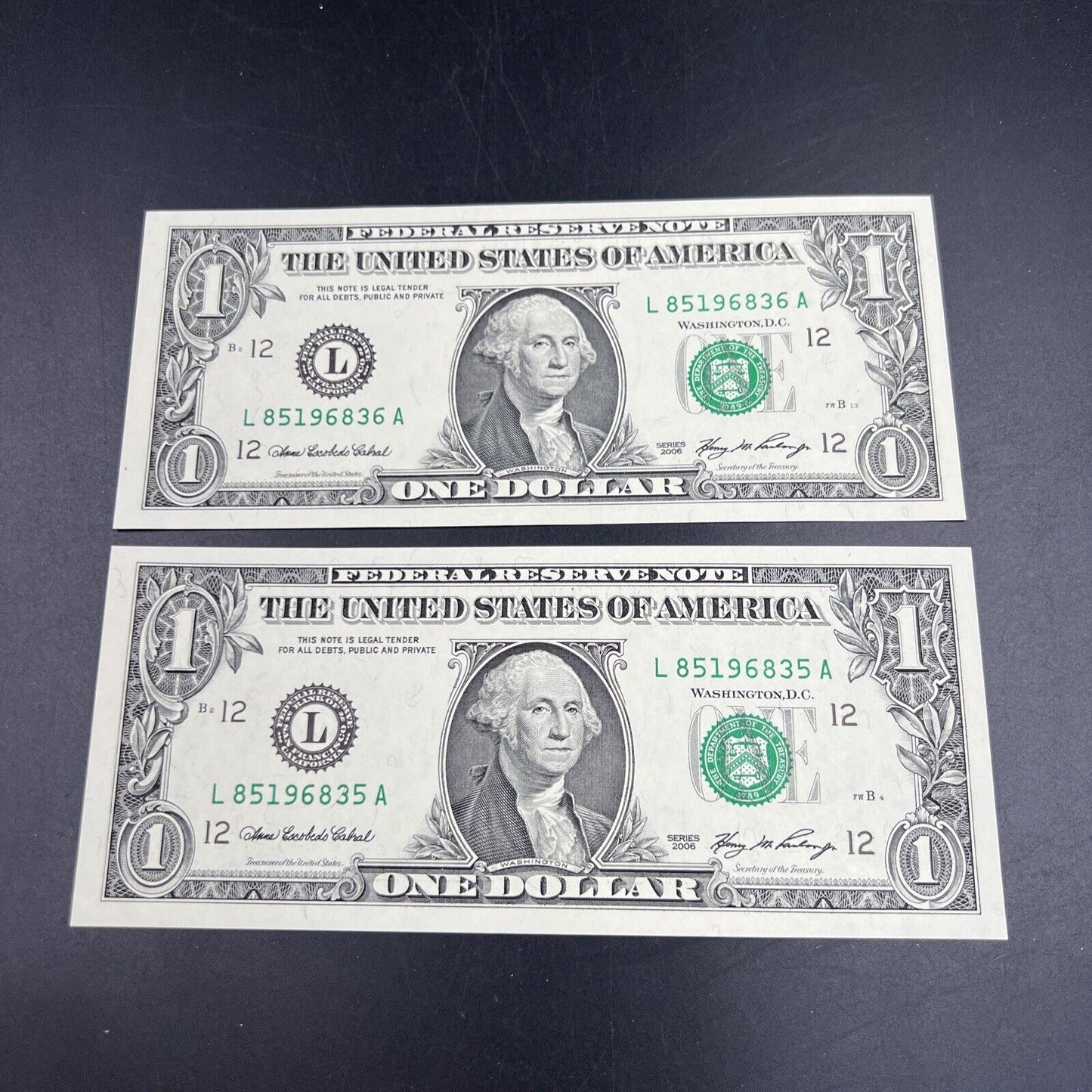 Lot of 2 Consecutive 2006 $1 FRN One Dollar Federal Reserve Note Choice UNC