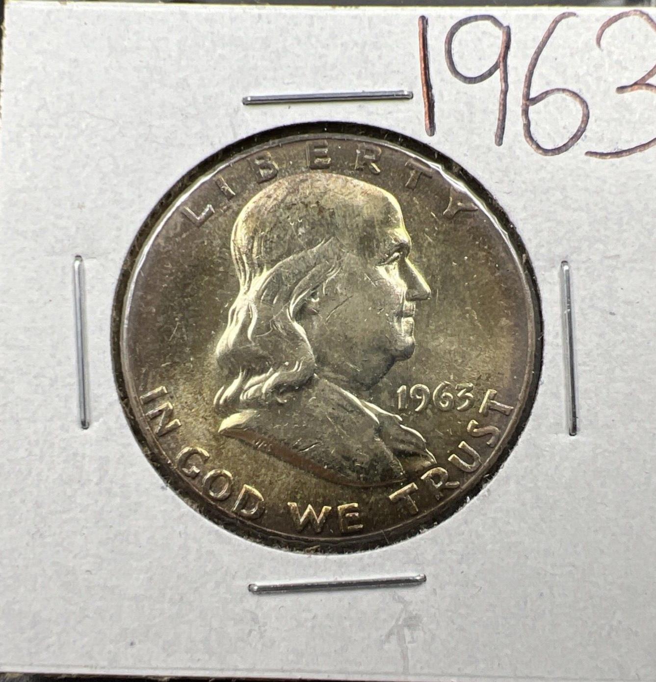1963 P 50c Franklin Silver Half Dollar Coin Neat Toning Toner CH BU UNC