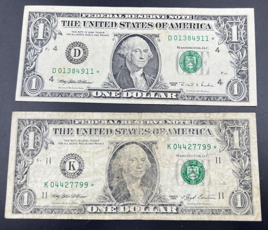 2 Note Set 1993 & 1995 Star * $1 One Dollar FRN Circ Federal Reserve Bills